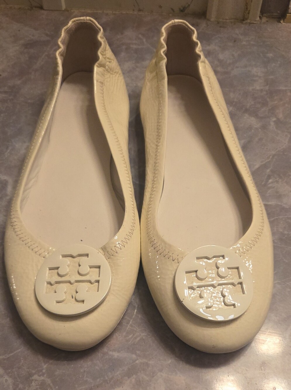 Tory Burch White Patent Leather Reva Logo Ballet Flats